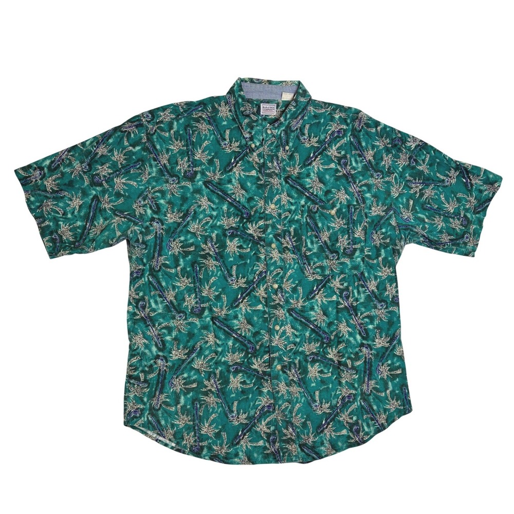 Vintage Bugle Boy Company Mens XL Green‎ Tropical Palm Tree Golf Print Shirt